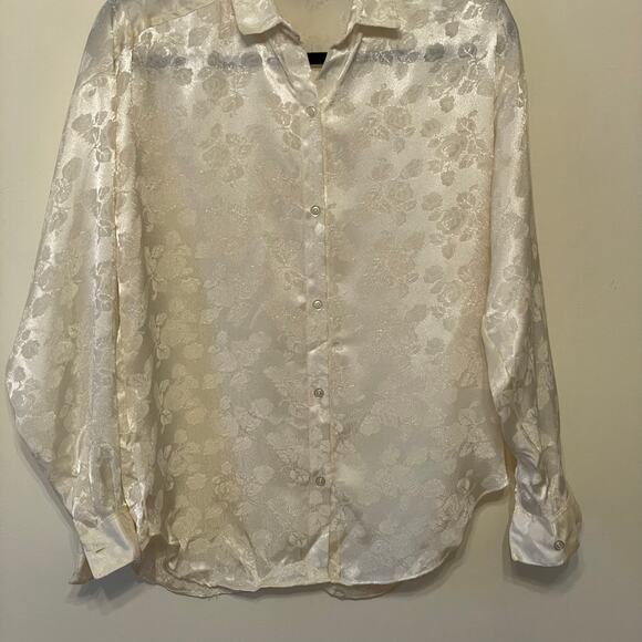Vintage XL 1990s long sleeve floral blouse button up metallic yellow AOP rose - Picture 3 of 7